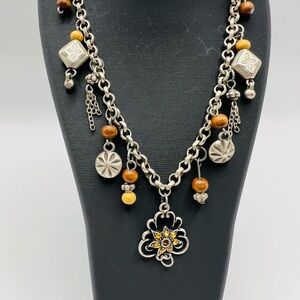 Boho Silver Tone Chain Necklace w Amber Rhinestone Flower Pendant